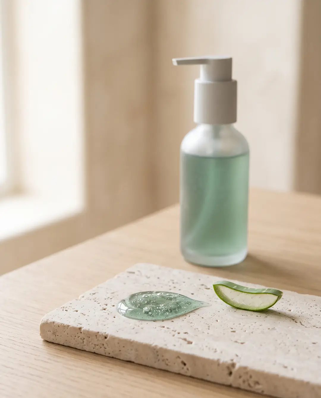 Gel limpiador transparente sobre travertino junto a una botella dosificadora de vidrio esmerilado y una rodaja de aloe