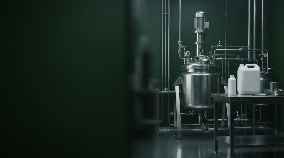 Reactor de acero inoxidable en una sala de producción con iluminación tenue verde oscuro