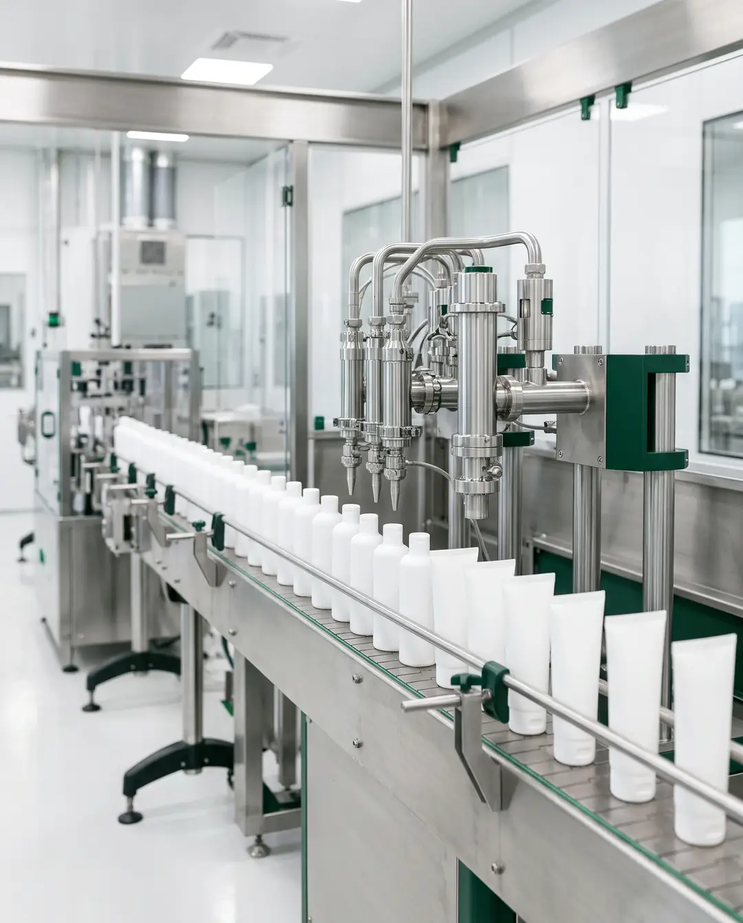 Línea de llenado con envases y tubos en blanco sobre una banda de acero inoxidable