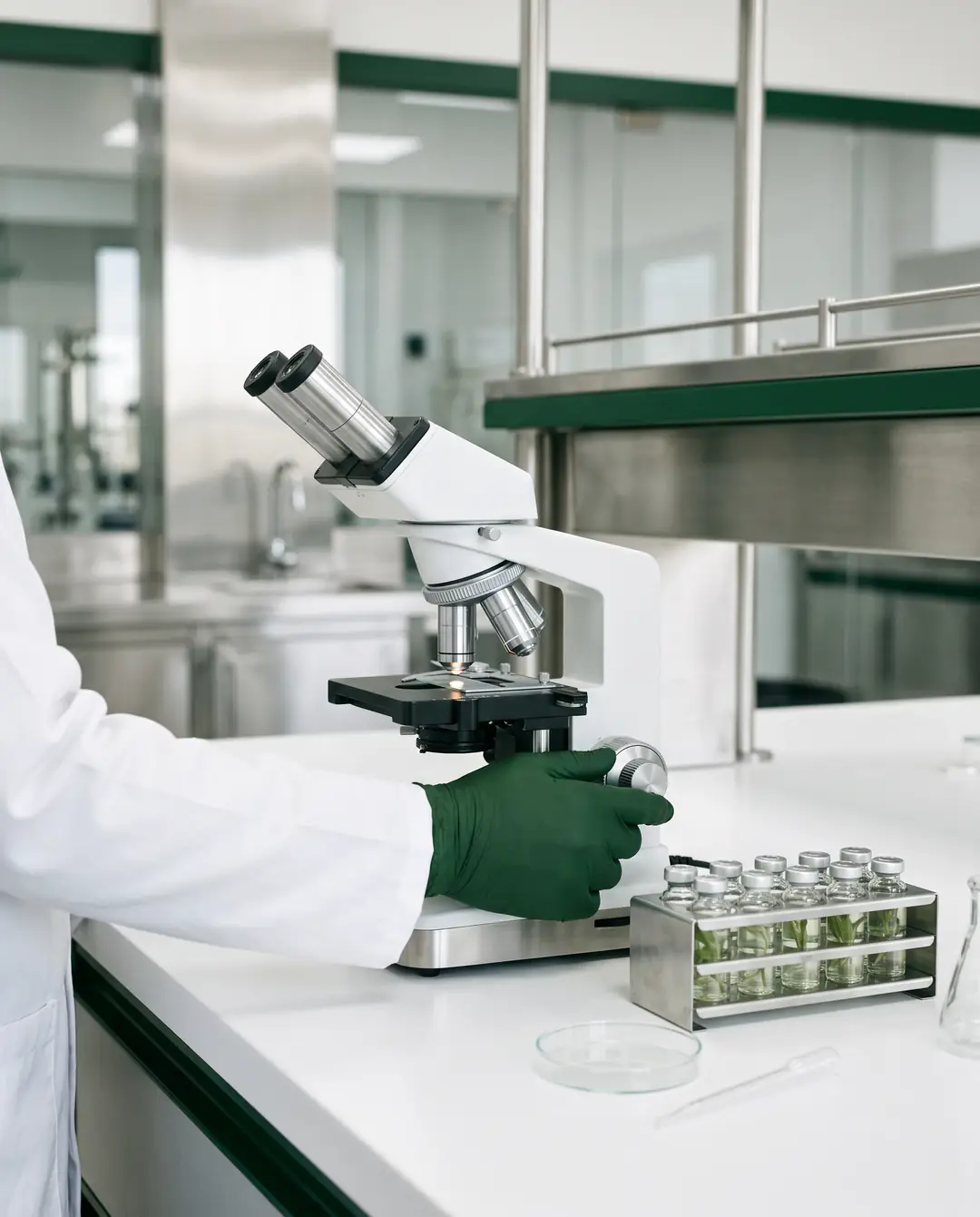 Microscopio de control de calidad con viales de extractos botánicos