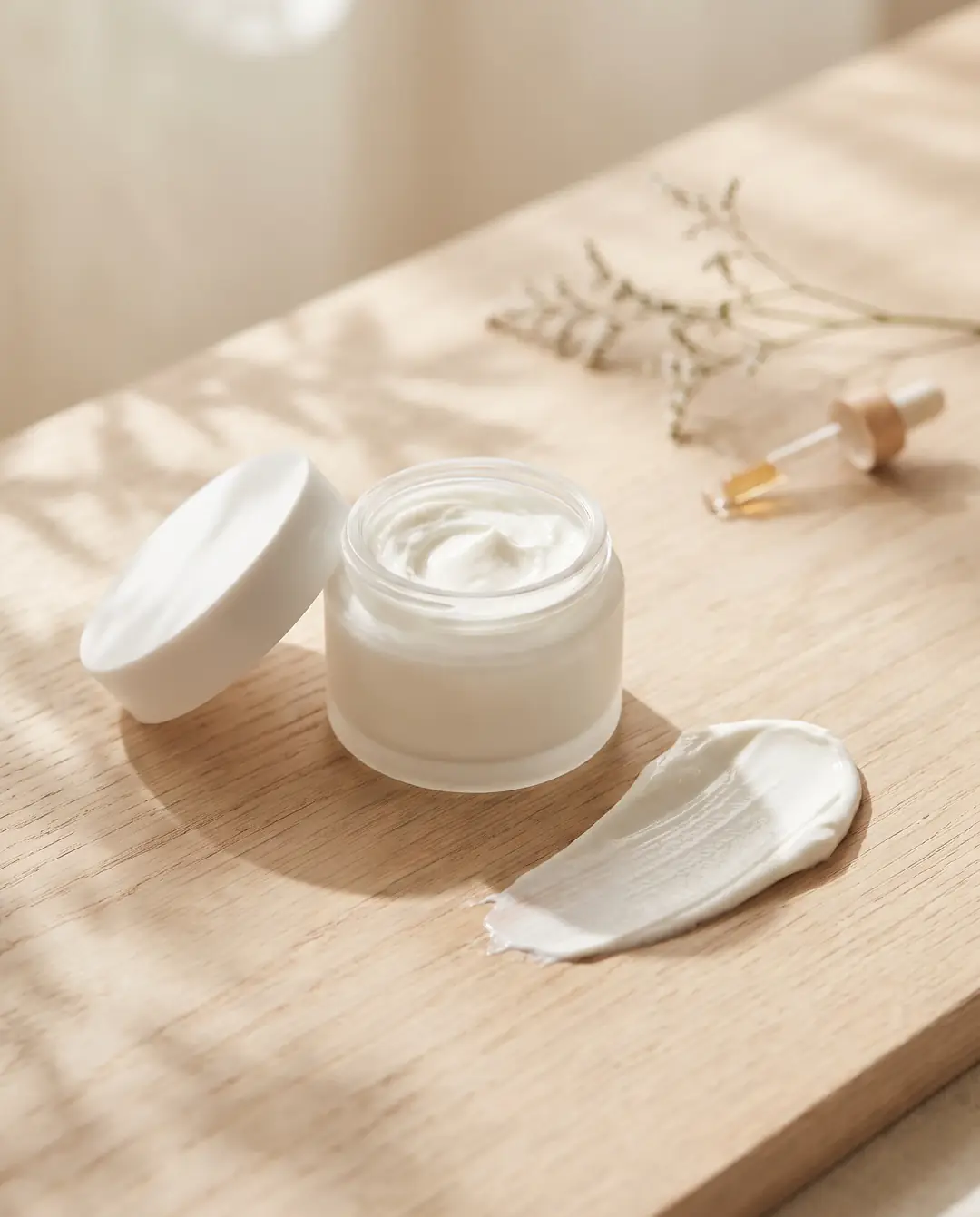 Frasco de vidrio esmerilado con crema de protección solar mineral y una muestra de su textura sobre madera